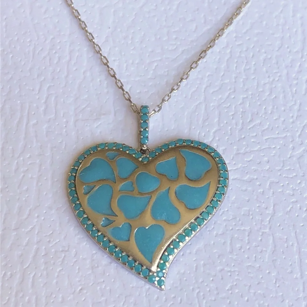925 Silver hearts in a heart enamel turquoise necklace